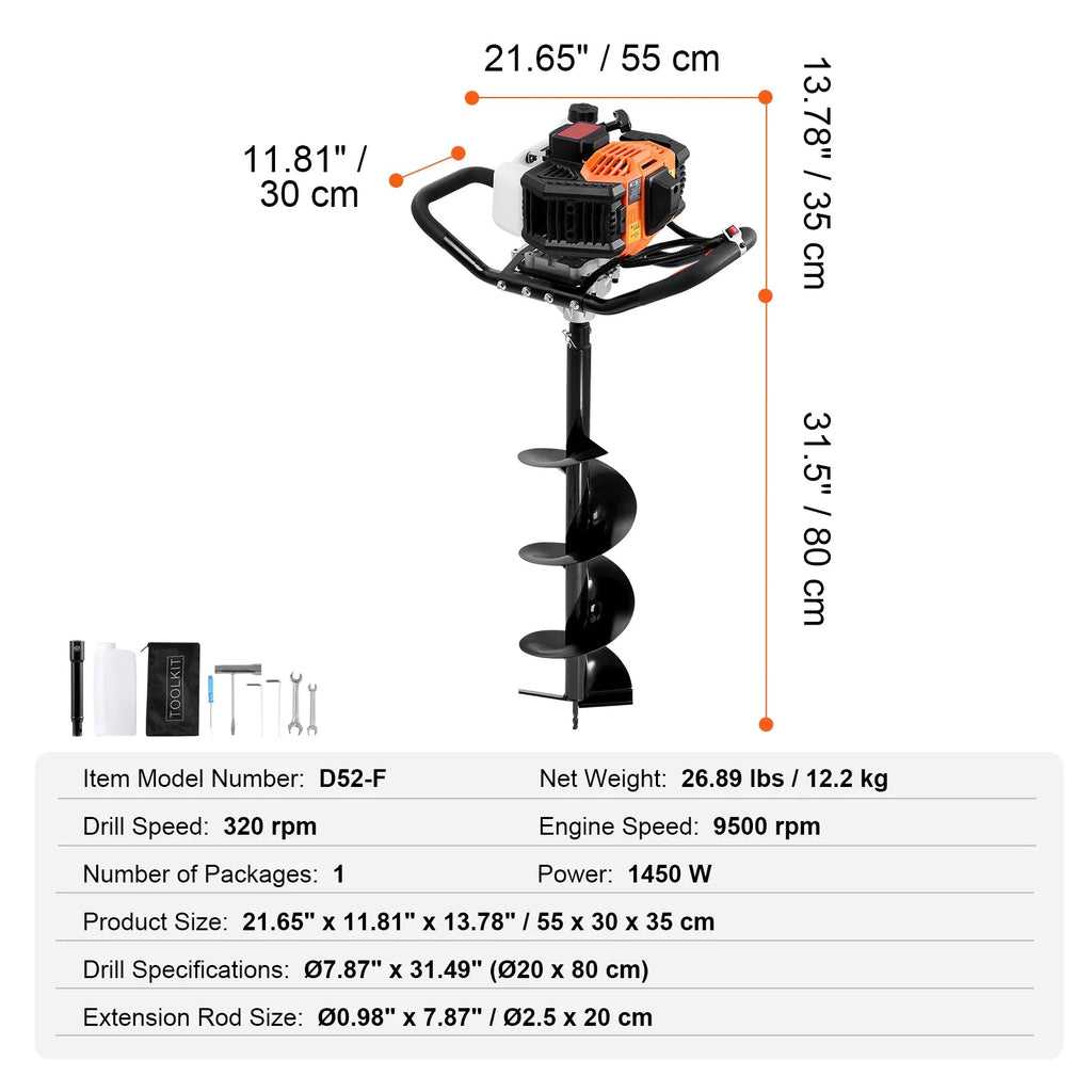 KFFKFF Gas Earth Auger, 52CC 1450W, includes 8�� Drill Bit & Extension Rod, Ideal for Garden, Farmland Fence Installation, Orange & Black
