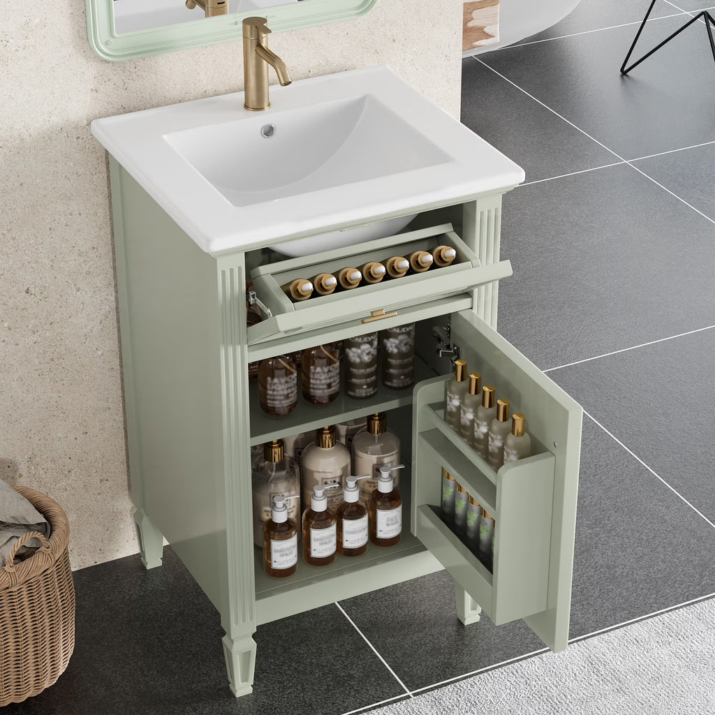 Euroco 20" Bathroom Vanity with Integrated Ceramic Sink, Soft-Close Hinges and Drawer Storage, Solid Wood Legs
