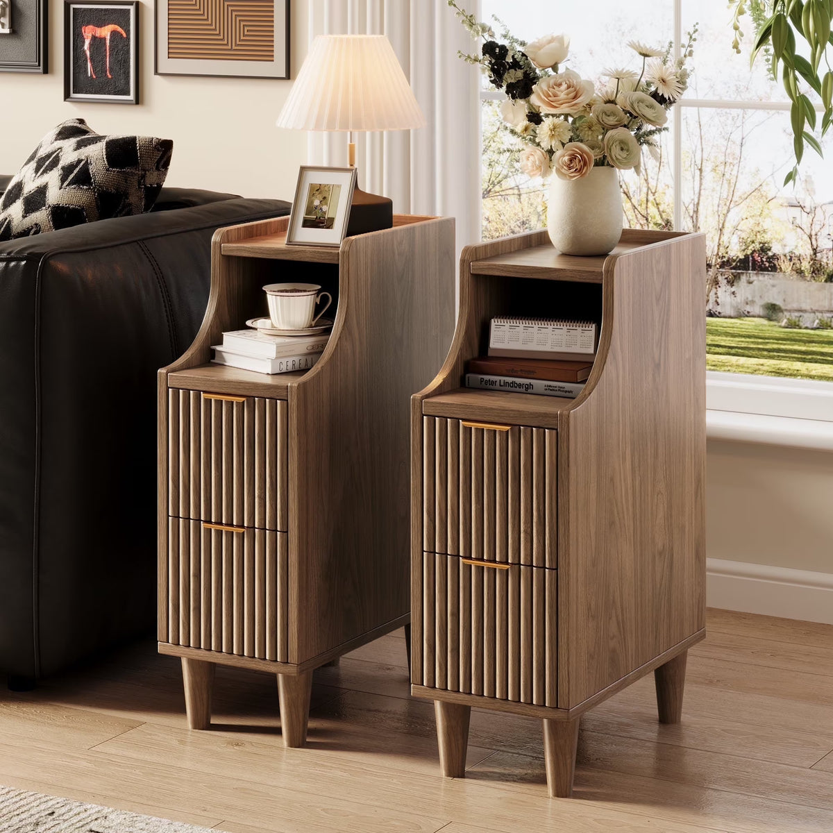UGTOO 24.4"Tall Walnut Finish 2PC Bedside Table Set with 2 Large Drawers & Top Storage Space Open Shelf, Sturdy Wood Legs, Vintage Cabinet Nightstand for Bedroom with Metal Handle