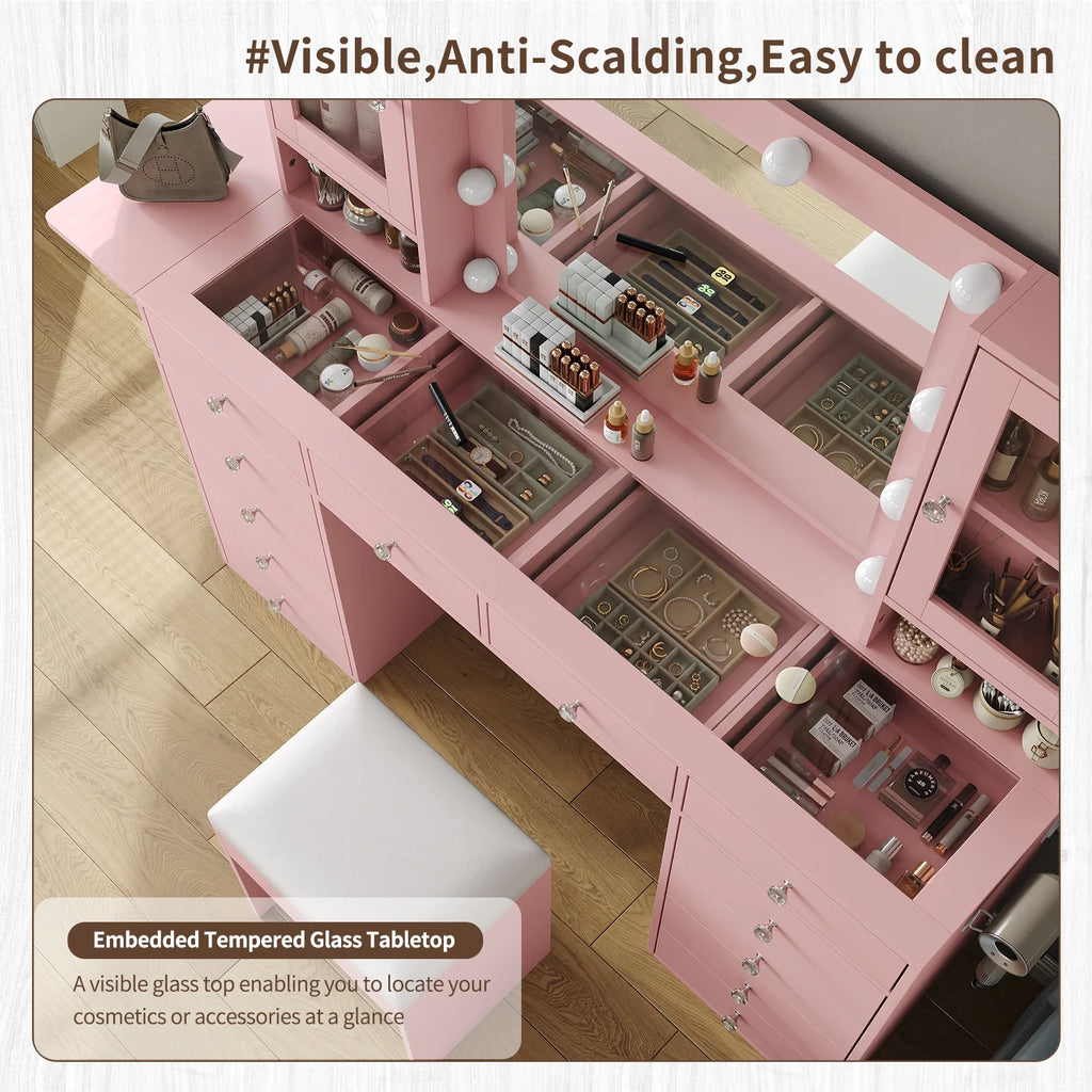 Vanity With Power Outlet, Vanity Desk With Mirror And 10 LED Lights, Makeup Vanity With 12 Drawers And 2 Cabinets, Fold-Up Panel, Glass Top Vanity Table With Chair For Bedroom