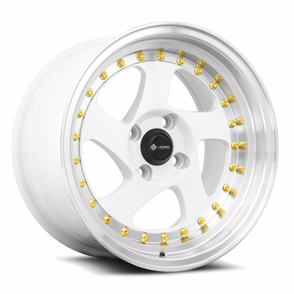 Vors VR2 15x8 4X100 20 73.1 White Machine Lip Gold Rivet