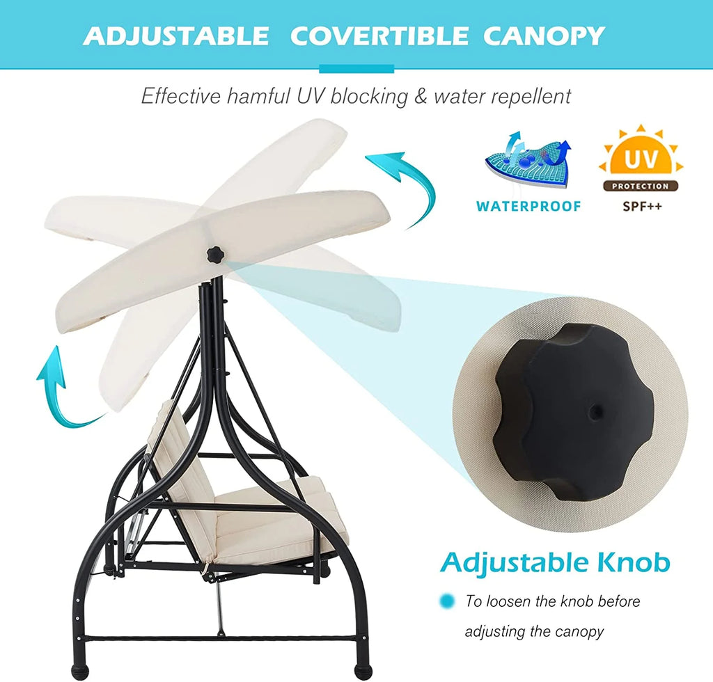 AECOJOY 3 Person Canopy Steel Porch Swing, Converting Swing Glider Hammock-Beige