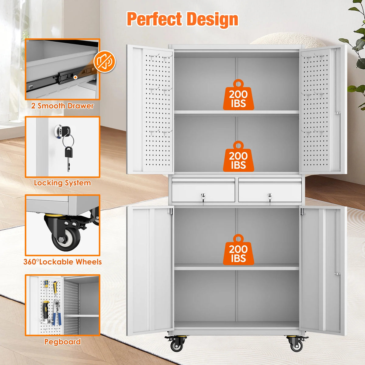 SUPEER 71" Metal Storage Cabinets with Wheels and Pegboards, Industrial Cabinet with 2 Drawers and 2 Adjustable Shelves,, Assembly Required