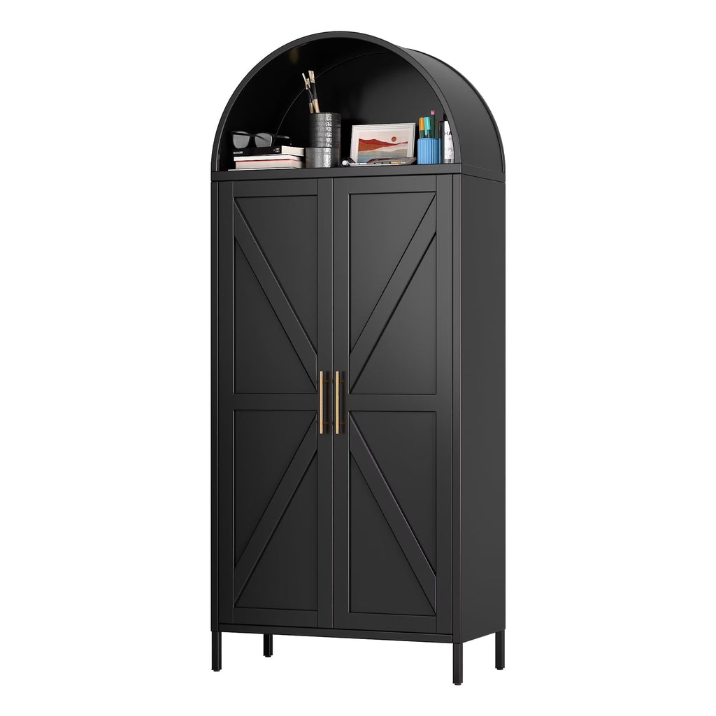 SUPEER Metal Arched Storage Display Cabinet with Glass Doors and Adjustable Shelves, Lockable Cabinet, Assembly Required, Black