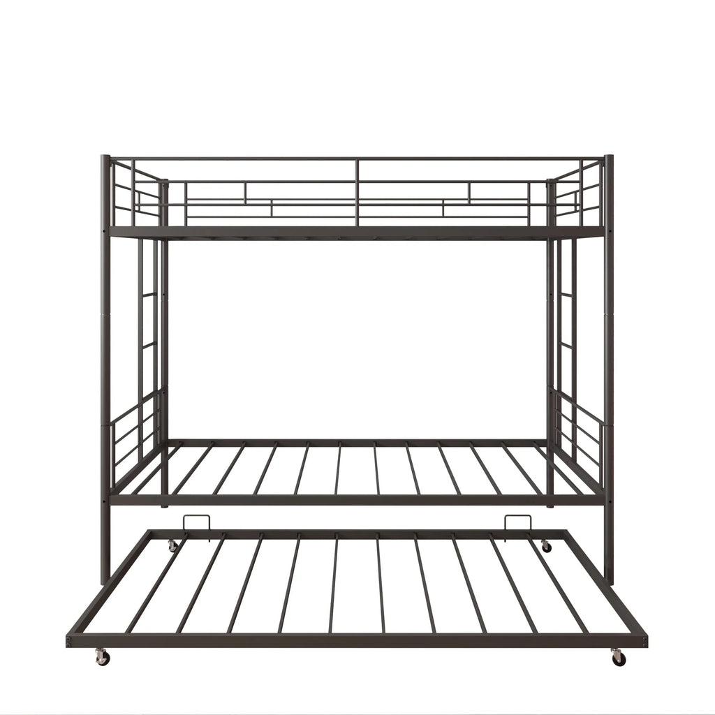 Seizeen Bunk Bed Twin Over Twin Size, Metal Triple Bunk Bed with Trundle, Black Heavy Duty Bunk Bed Frame Per Bed Up to 400LBS, 2 Side Ladders and All-round Safety Guard Rails