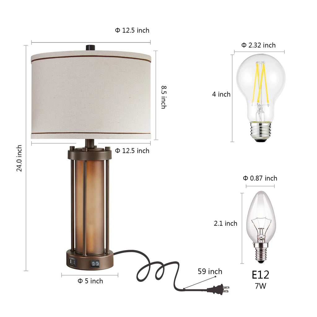 RORIA 24a?? Modern Living Room Table Lamp 2-Piece Set with 2 USB Charging Ports, Built-in White Frosted Glass with Night Light, Black Vintage Rustic Farmhouse Lamp for Bedroom Nightstand Lamps