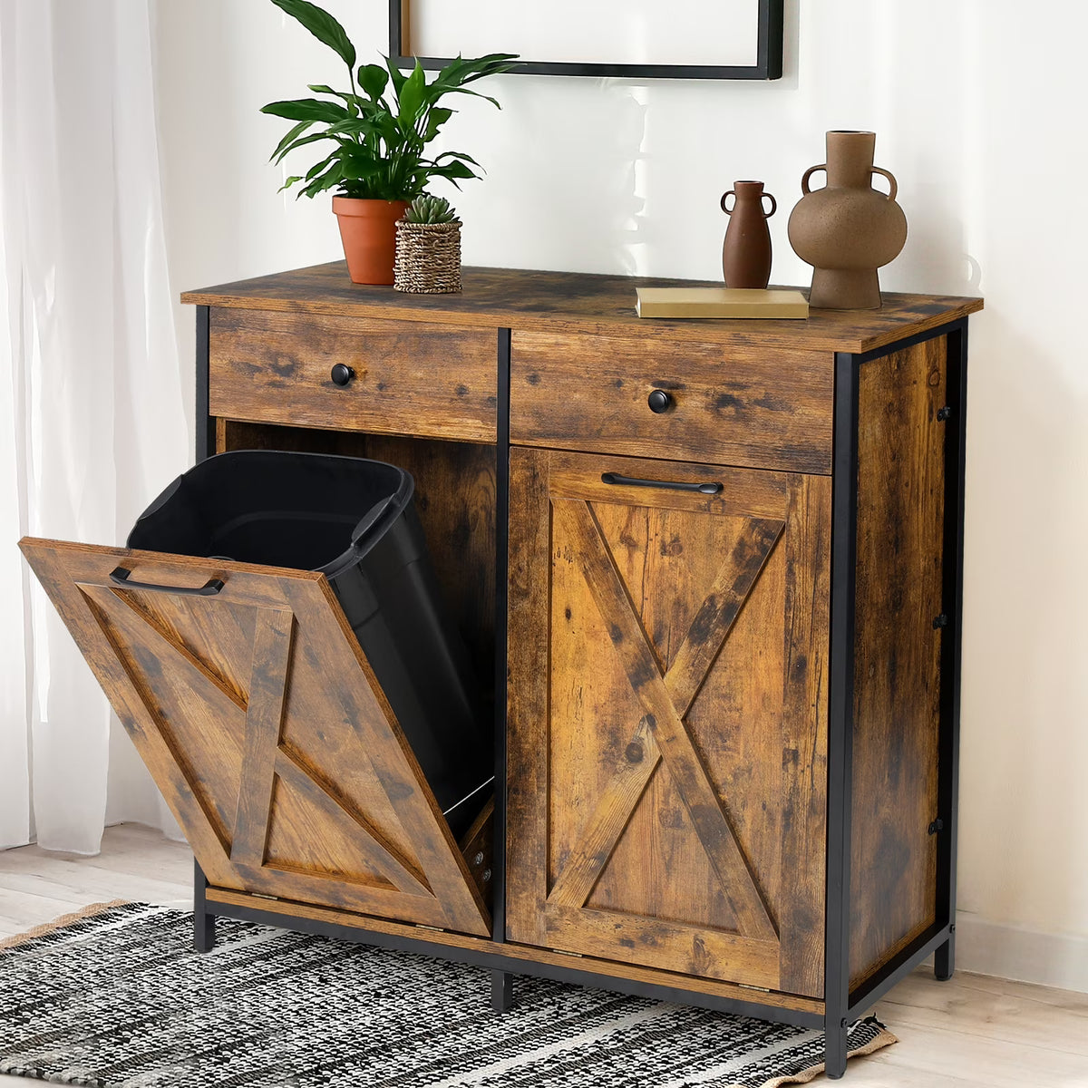 Pirecart 20 Gallon Double Tilt Out Trash Cabinet Wood Hidden Storage Cabinet, Recycling Cabinet with 2 Drawers, Black