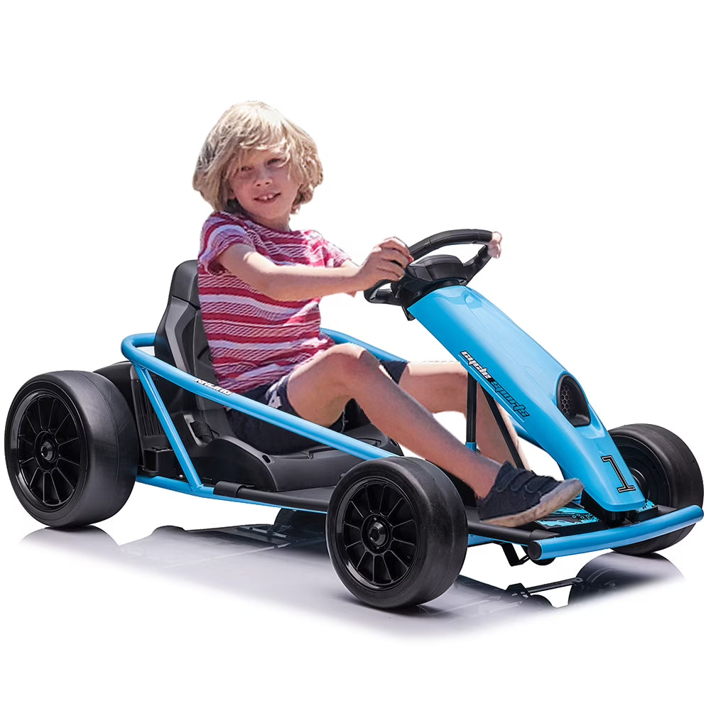 Geetinfly Go Kart for Kids,24V Battery 300WX2 Motors Pedal On Foot Go Cart,8MPH High Speed Drifting Car with Slow Start Function,Music,White