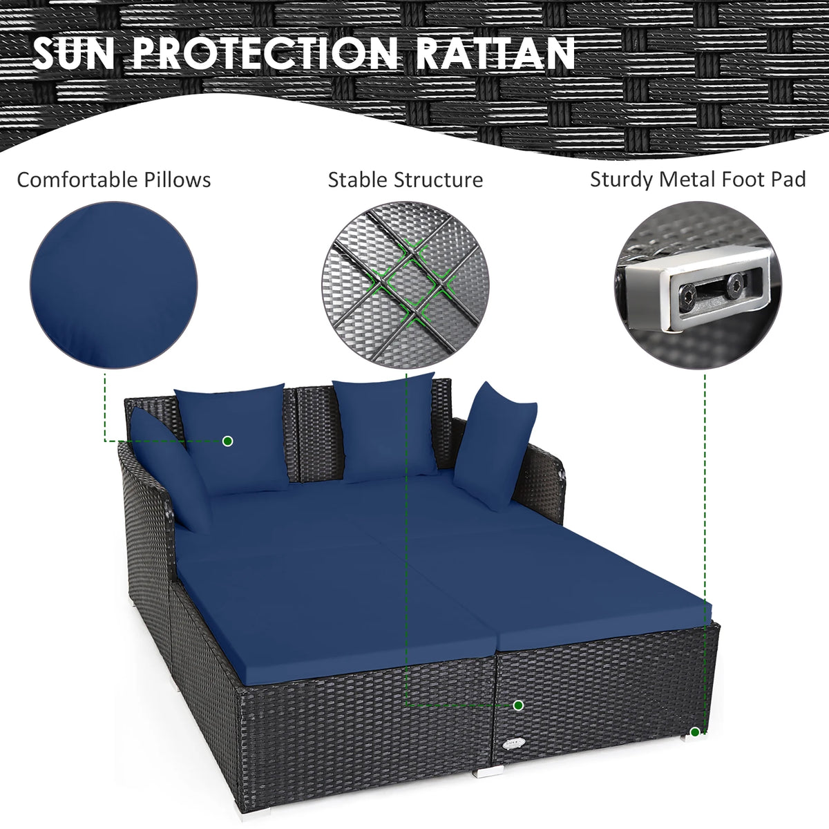 Costway Outdoor Patio Rattan Daybed Pillows Cushioned Sofa Furniture Beige