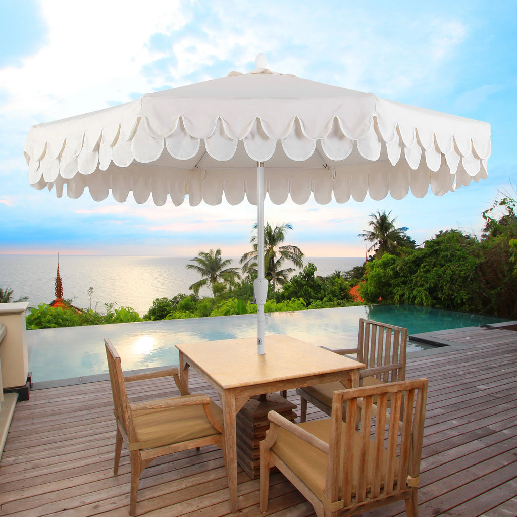 JONATHAN Y Tracy 9 ft. Market Patio Umbrella, Classic Mid-Century Scalloped Fringe, with Auto-Tilt Crank, Wind Vent and UV Protection, Coral Pink/White, Dark Brown Pole