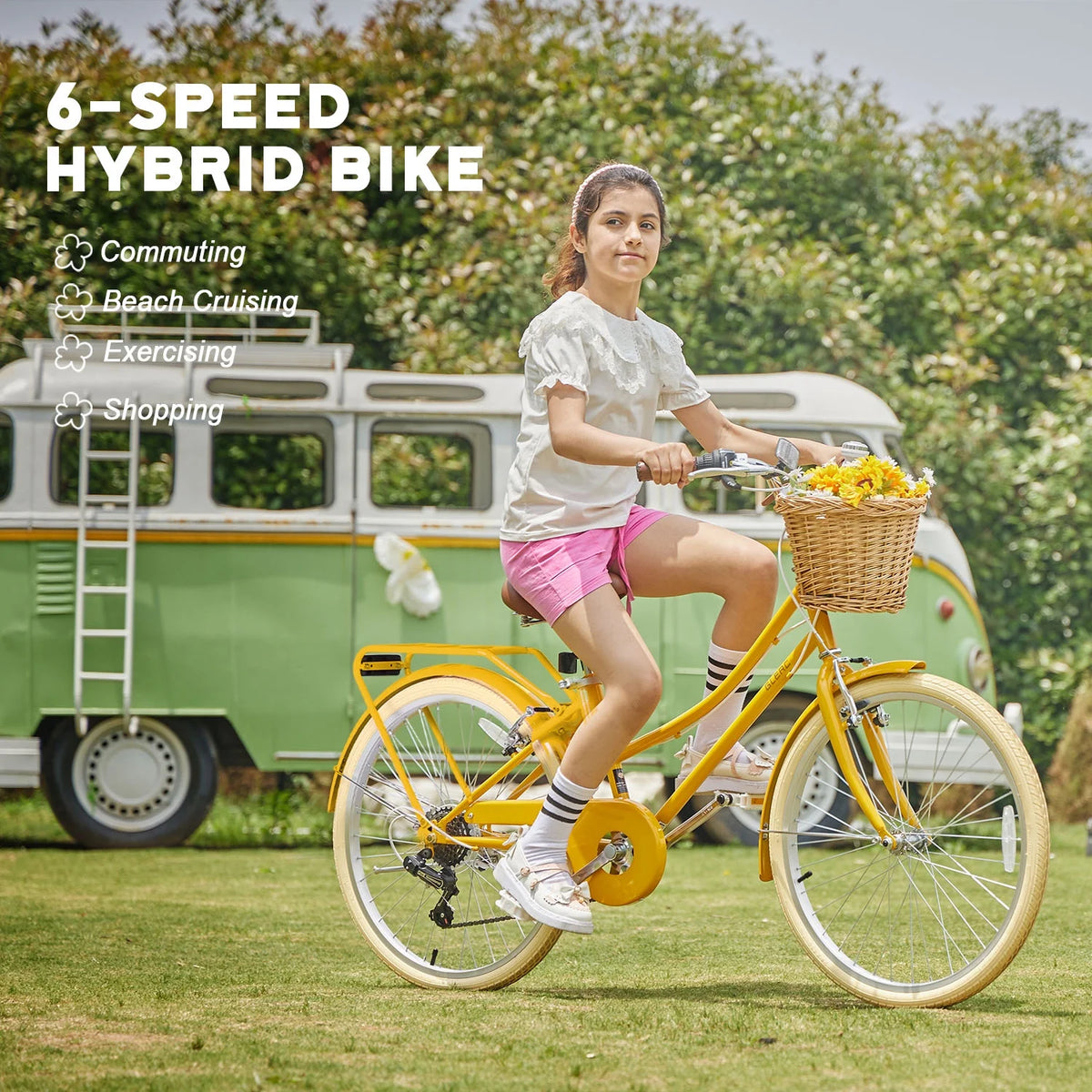 Glerc Missy 24" Girls Cruiser Bike 6-Speed Women's Hybird Bicycle for Ages 7-11 Years, Mint Green