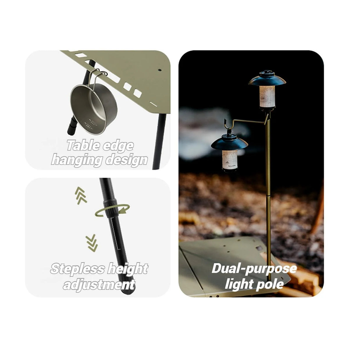 Naturehike, Portable Camping Table, Outdoor Detachable Tactical Camping Table, Lightweight Aluminium Camping Table with Light Pole, Adjustable Height