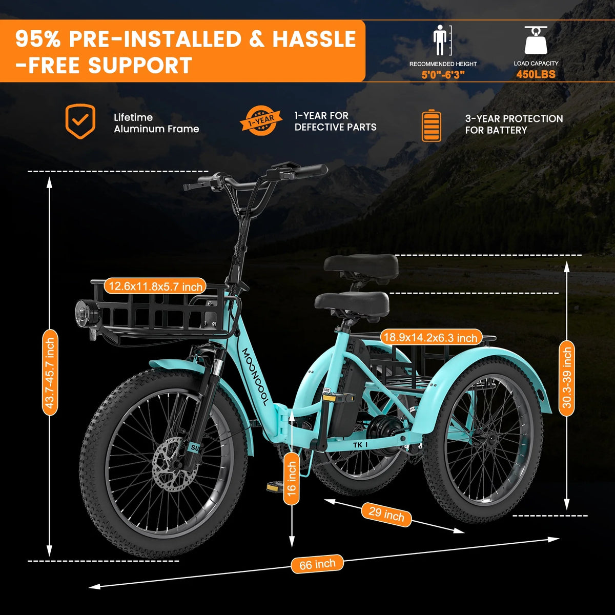 MOONCOOL TK1 Folding Electric Tricycle for Adults,48V 14.5Ah Removable battery, 500W��Peak 1000w��Motor, 20" Fat Tire Step-Thru 3Wheel Electric Bicycle w/Front&Rear Baskets, Certified to UL 2849 by SGS