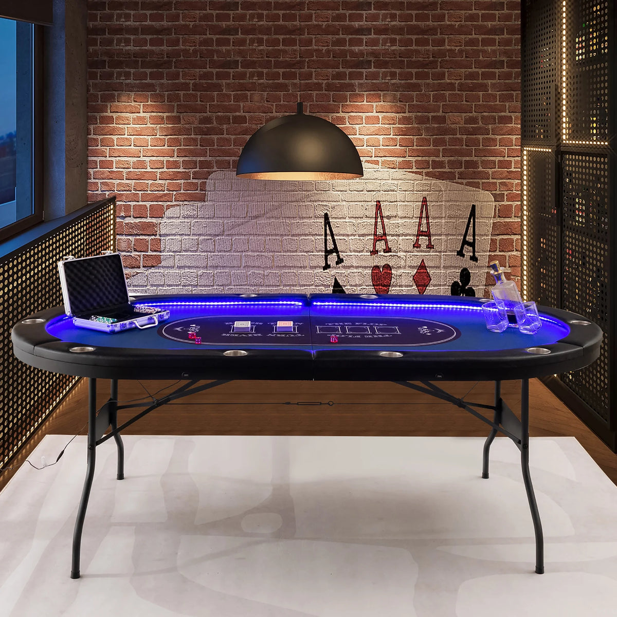 Costway Foldable, USB Ports, Led Lights 10 Player Poker Table, Blue/Black