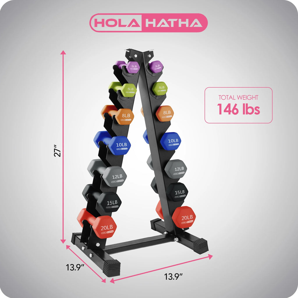 HolaHatha Neoprene Dumbbell Weight Set with Rack (Black), 112.5 lb