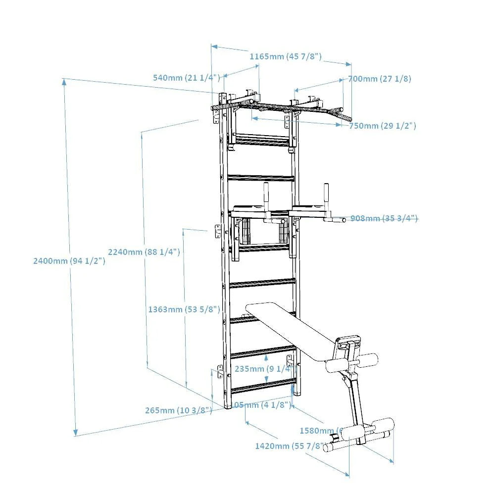 BenchK 733 White Wall bars with convertible steel 6-grip pull-up bar that can also be used as a barbell holder, dip bar with back support and advanced workout bench