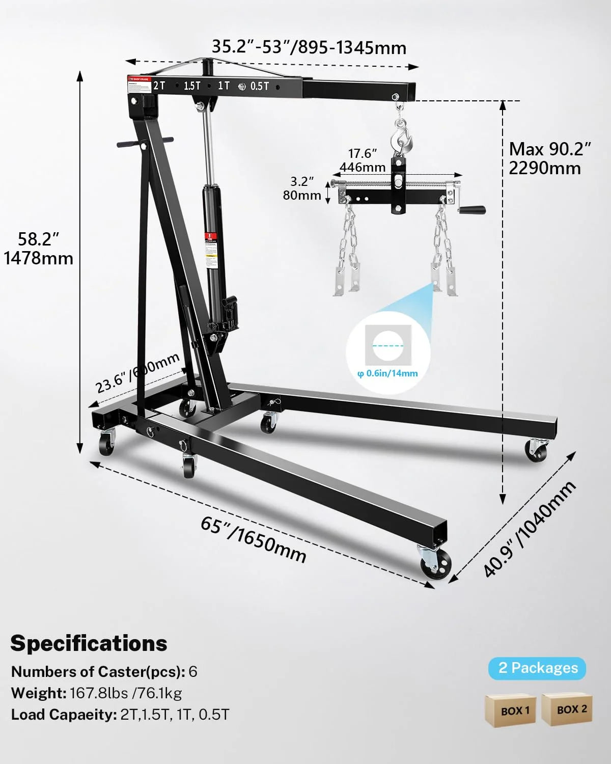 Garvee 2-Ton Shop Crane with Lever, Hydraulic Folding Engine Hoist w/6 Steel Casters - Lift Car Transmissions, Boat Motors, Farm Equipment