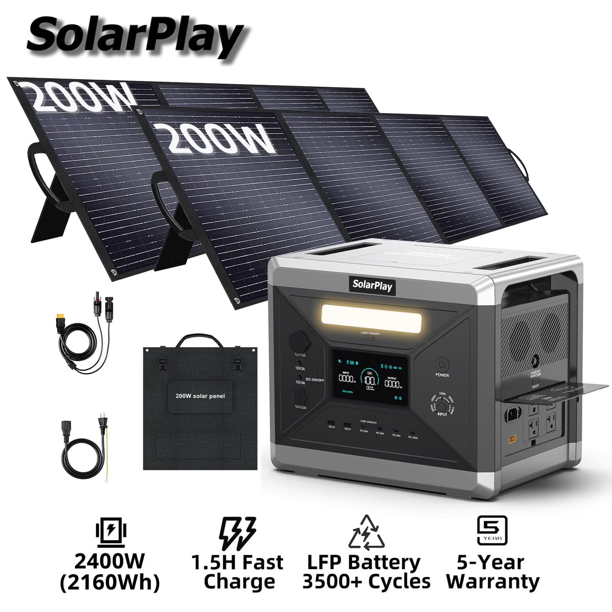 SolarPlay Portable Power Station, 2500W/2304Wh Large Capacity Solar Generator, with 400W Solar Panel, 4 AC Outlets (5000W Peak), Emergency Power Station for Home, Camping, Outdoor Battery Backup