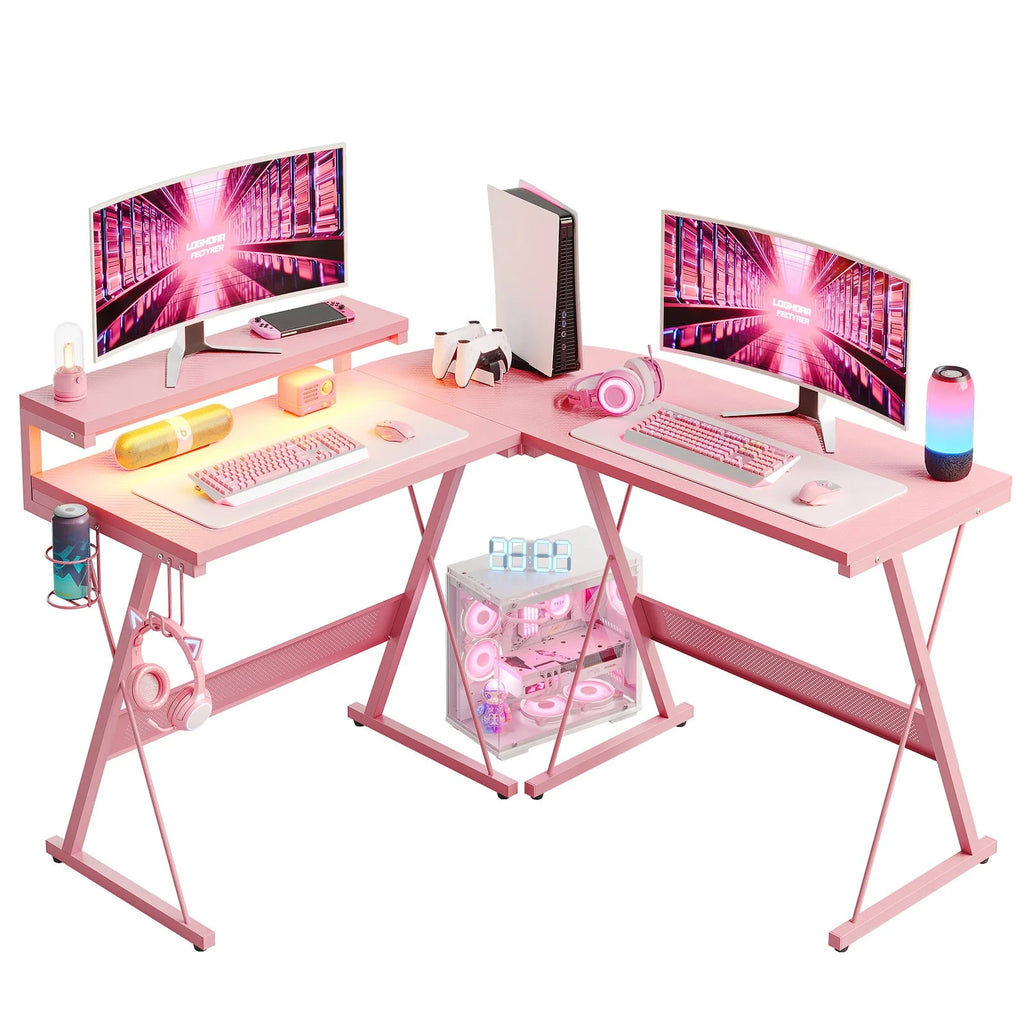 Bestier Pink Computer Desk with LED Light L-Shaped Desk Gaming Computer Desk with Monitor Stand