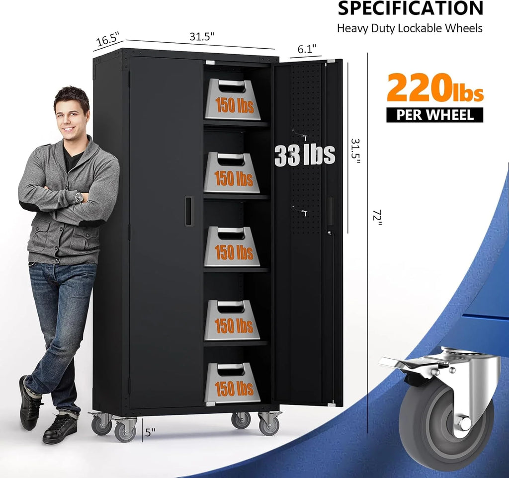 Ktaxon 72''H Garage Storage Cabinet with Pegboards, Metal Storage Cabinet with Wheels, Locking Doors and Adjustable Shelves, Black