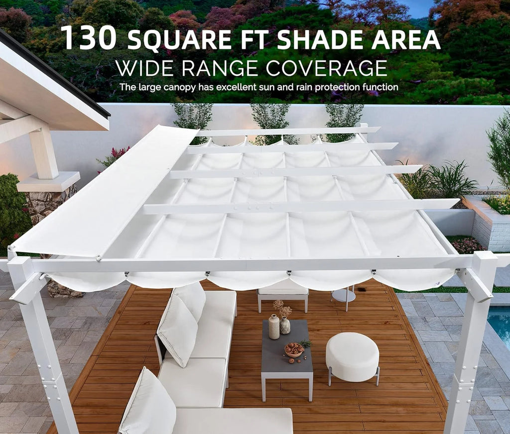 PURPLE LEAF Outdoor Retractable Pergola with Sun Shade Canopy 10' x 13' Patio Aluminum Pergola Shelter for Backyard Deck Garden Modern Metal Grape Trellis Pergola, Beige