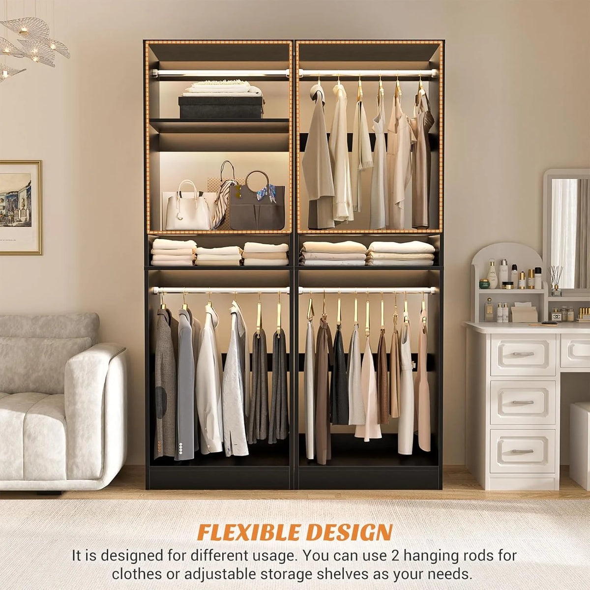 Homieasy 25�?Closet System, Freestanding Closet Organizer Wardrobe with Hanging Rods and Shelves, Adjustable Clothes Garment Rack, Sturdy Walk in Closet Tower, White