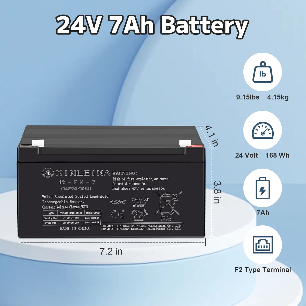 24V 7Ah Rechargeable Sealed Lead Acid Battery - Suitable for Most Kids Ride on Car - Battery Accessories