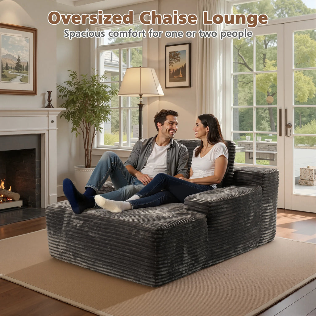 Ovios 67'' Oversized Chaise Lounge Chair Indoor Cloud Plush Corduroy Floor Sofa Bed Deep Seat No Assembly Couch for Living Room, Black