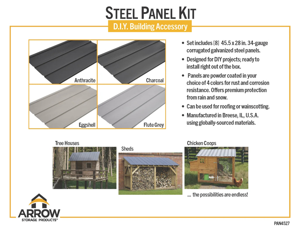 Set of 8 Arrow 45" x 27" Galvanized Corrugated Steel Roof Panels for DIY Shed, Garage, Carport, Charcoal
