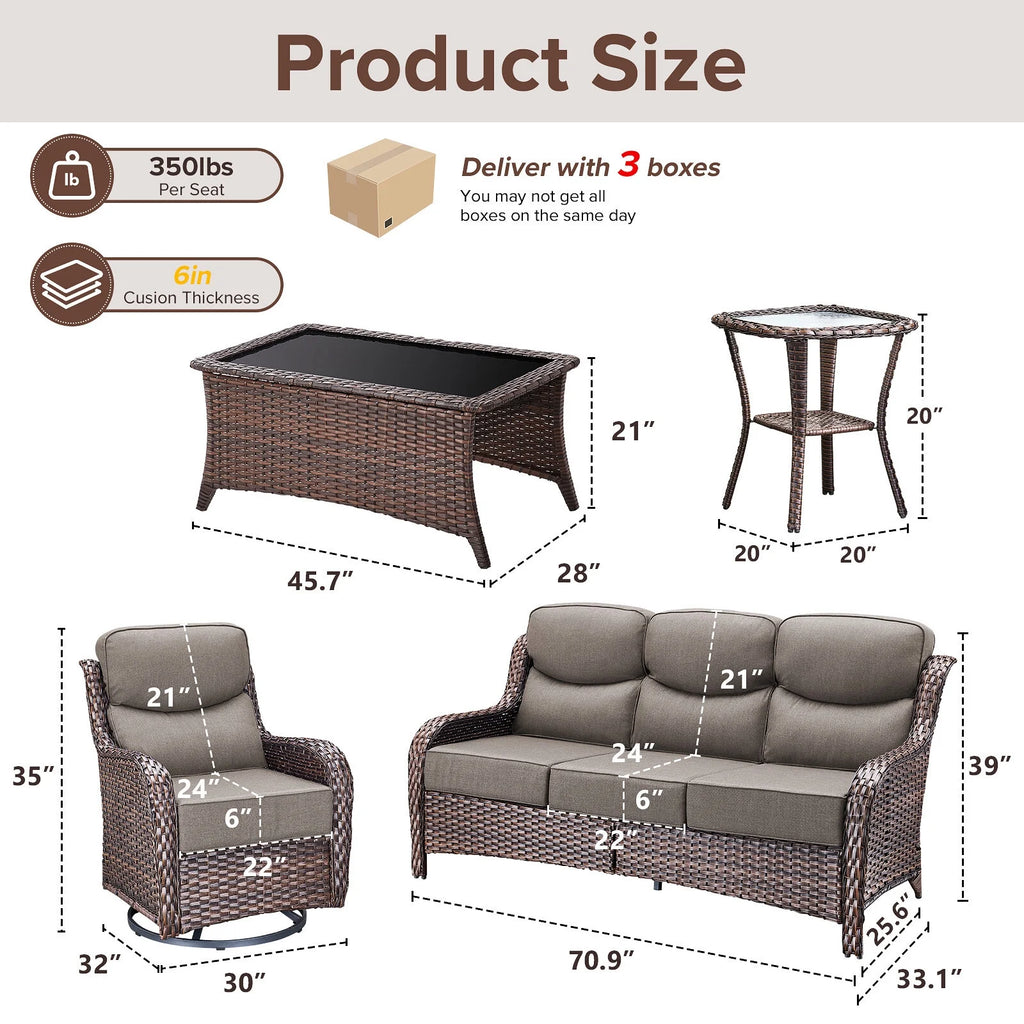Bellefurn Luxury Outdoor Patio Furniture Set,Swivel Rocker Patio Chairs with 6-inch Thick Cushion,Patio Sofa and Glass Coffee Table,Outdoor Conversation Set for Porch, Deck, Yard