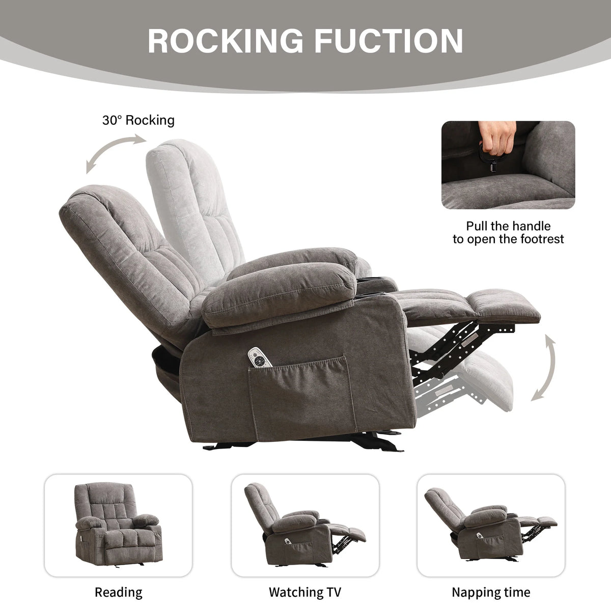 JONPONY Manual Recliner Chair with Heat Therapy and Massage Function, Heavy Duty Reclining Mechanism Massage Chair, Elderly Single Rocker Sofa with Cup Holders for Bedroom Home Theater,Blue