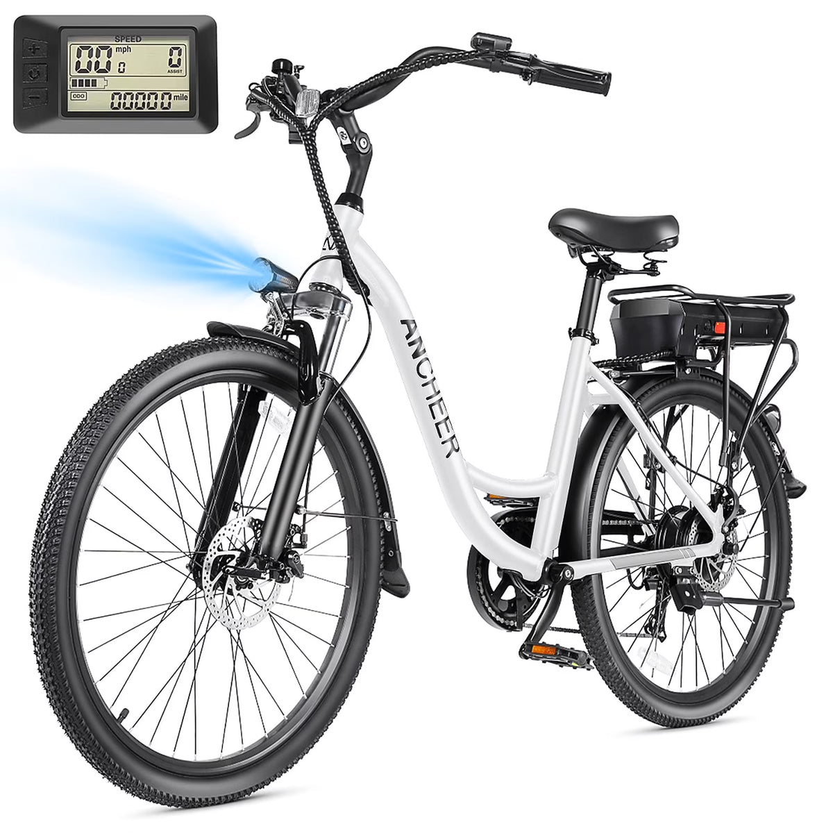 ANCHEER 500W Electric Bike for Adults, 48V 10.4AH EBike, 3.5H Fast-Charge Removable Battery, 26" Commuter Electric Bicycles with 7-Speed, LCD Digital Display, Suspension Fork, Cruise Control UL2849