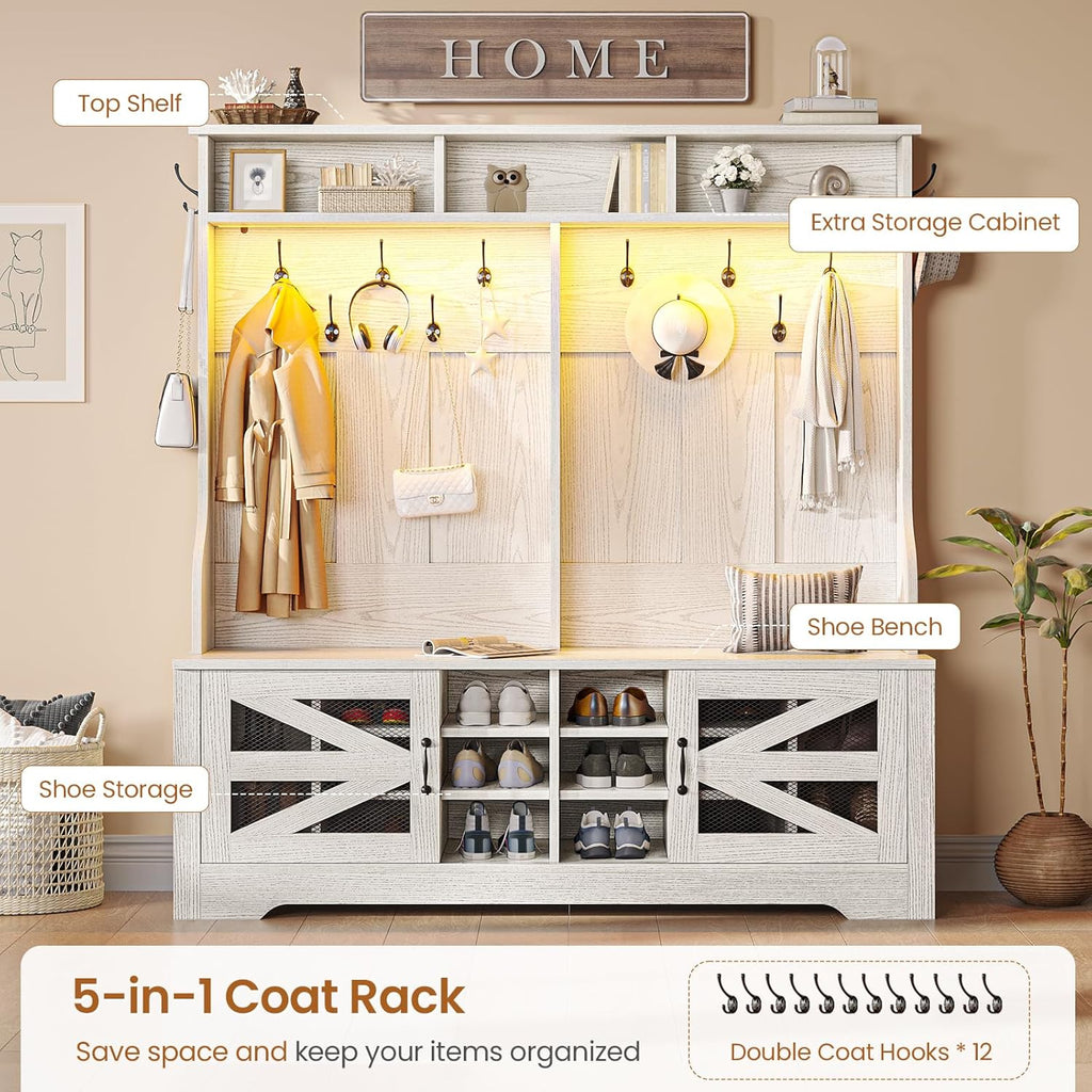 Hall Tree with Coat Rack and 16 Shoe Cubbies, 5-in-1 Entryway Bench with Bench and Shoe Storage, Barn Door & Adjustable Shelf, Embossed White
