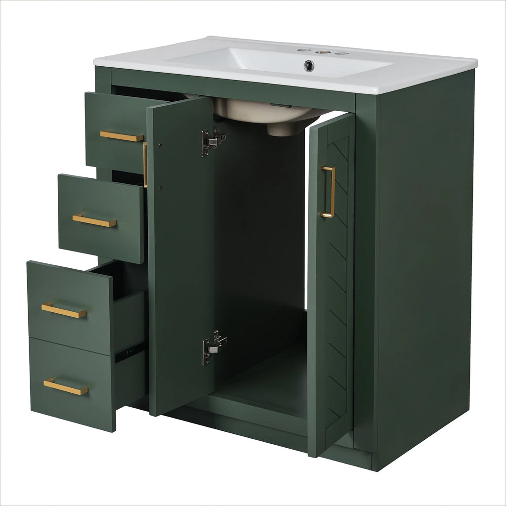 ENSHUI 30-Inch Bathroom Vanity with Ceramic Sink Combo, Solid Wood Frame, 4 Drawers, Soft Closing Doors, Green