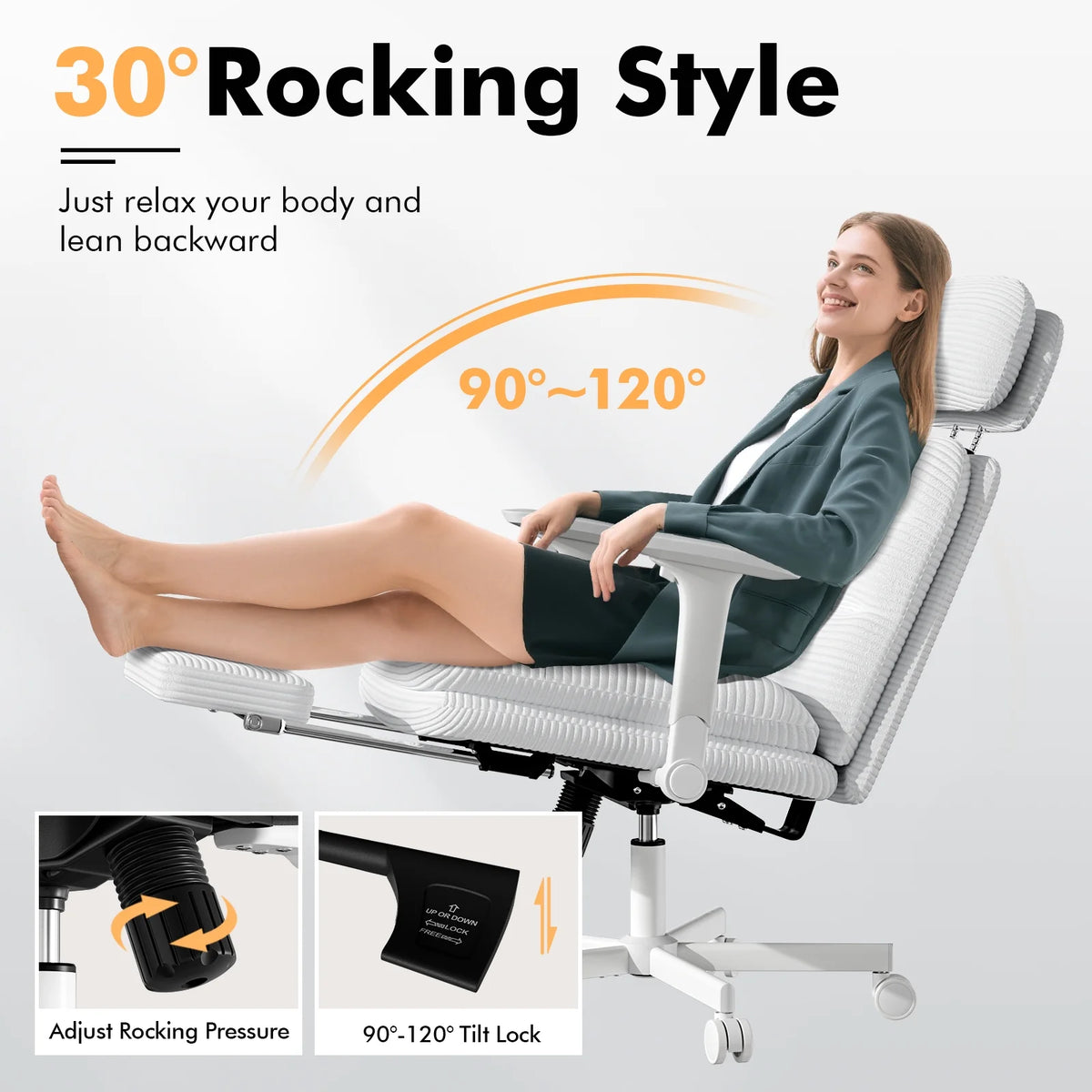HomeZeer Ergonomic Cross-Legged Office Chair with Footrest & Headrest, Heavy Duty Executive Desk Chair with Flip-up Armrests, Corduroy Fabric Computer Criss Cross Chair for Home Office, Black