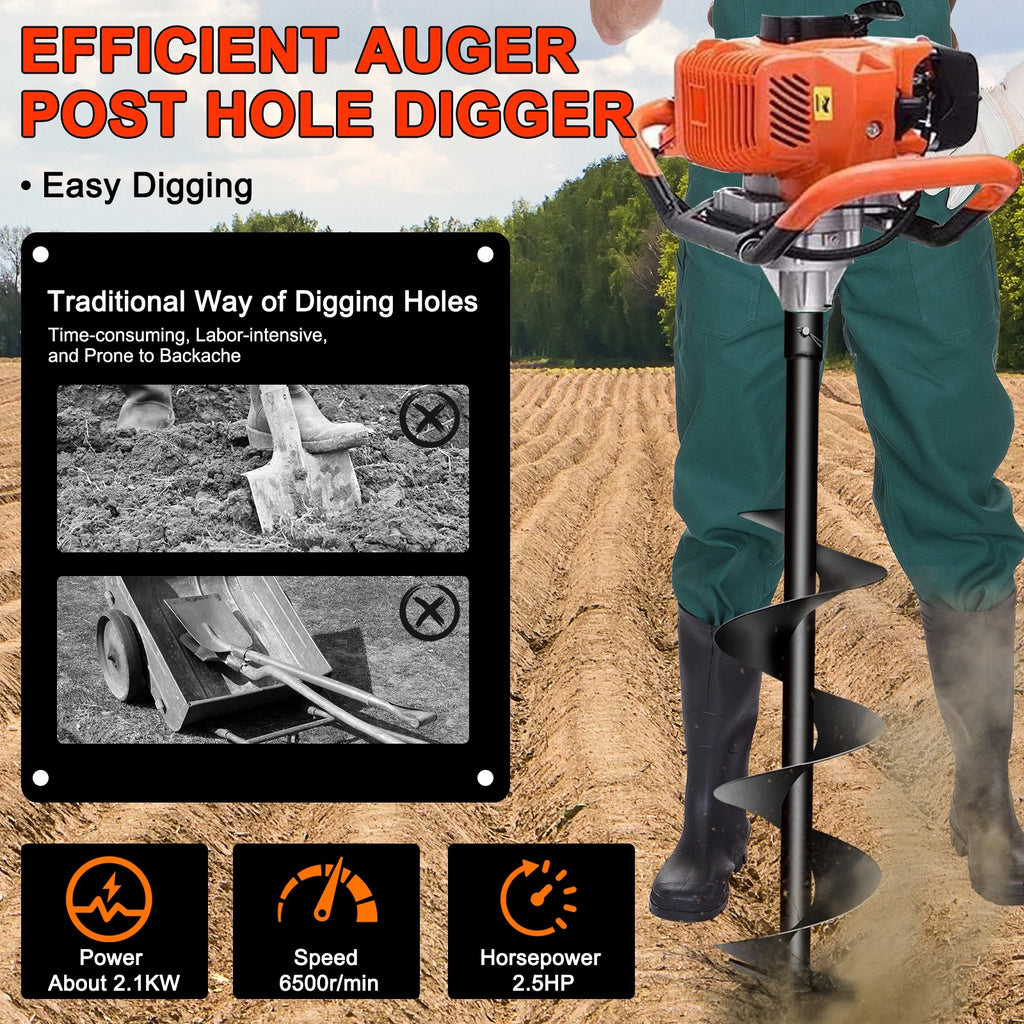 PRIJESSE Gas Powered Earth Digger Post Hole Digger with 3 Extension Rods + 3 Auger Drill Bits