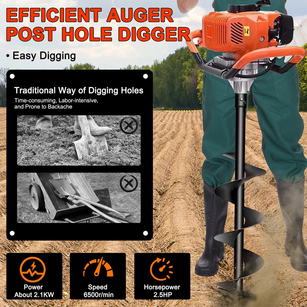 PRIJESSE Gas Powered Earth Digger Post Hole Digger with 3 Extension Rods + 3 Auger Drill Bits