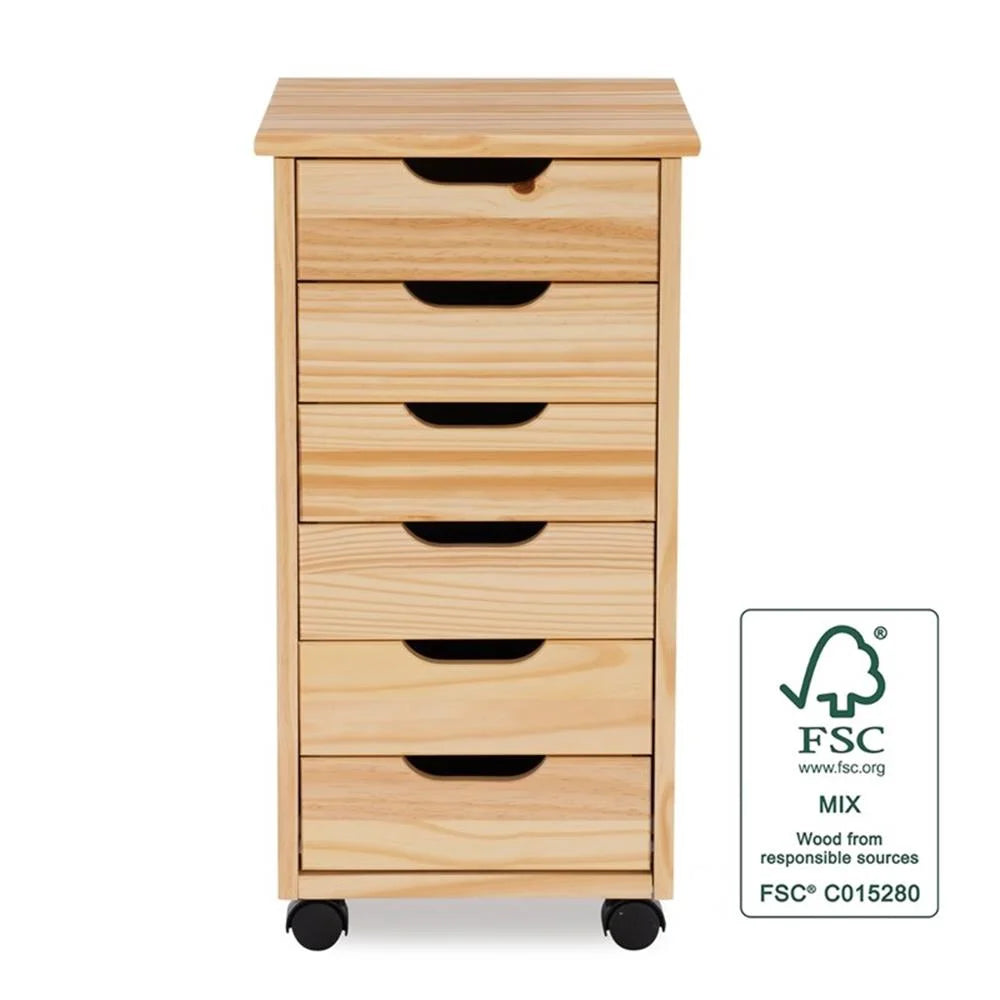 Riverbay Furniture Six Drawer Wood Rolling Storage Cart in Brown