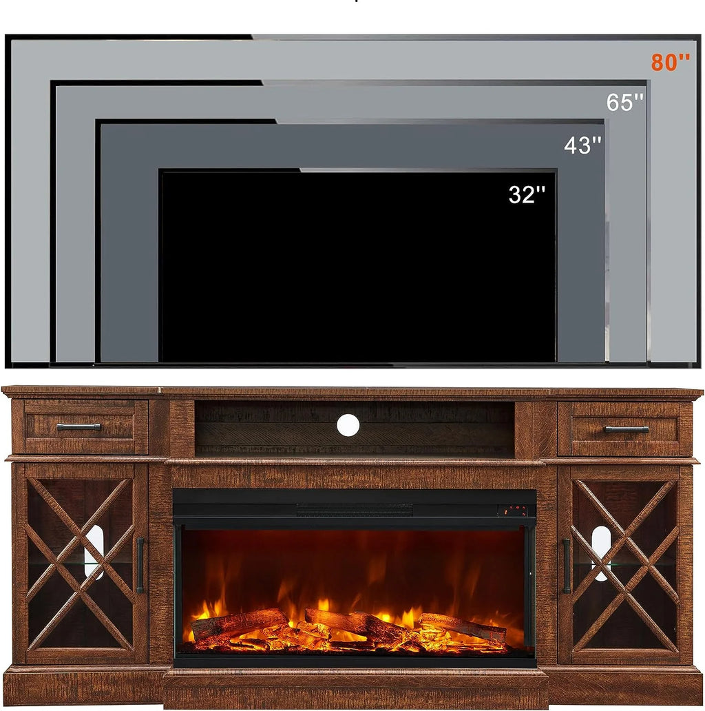 OKD Farmhouse 3-Sided Fireplace TV Stand for 80" TVs, 70" Entertainment Center with Electric Fireplace and Storage Drawers, Antique White