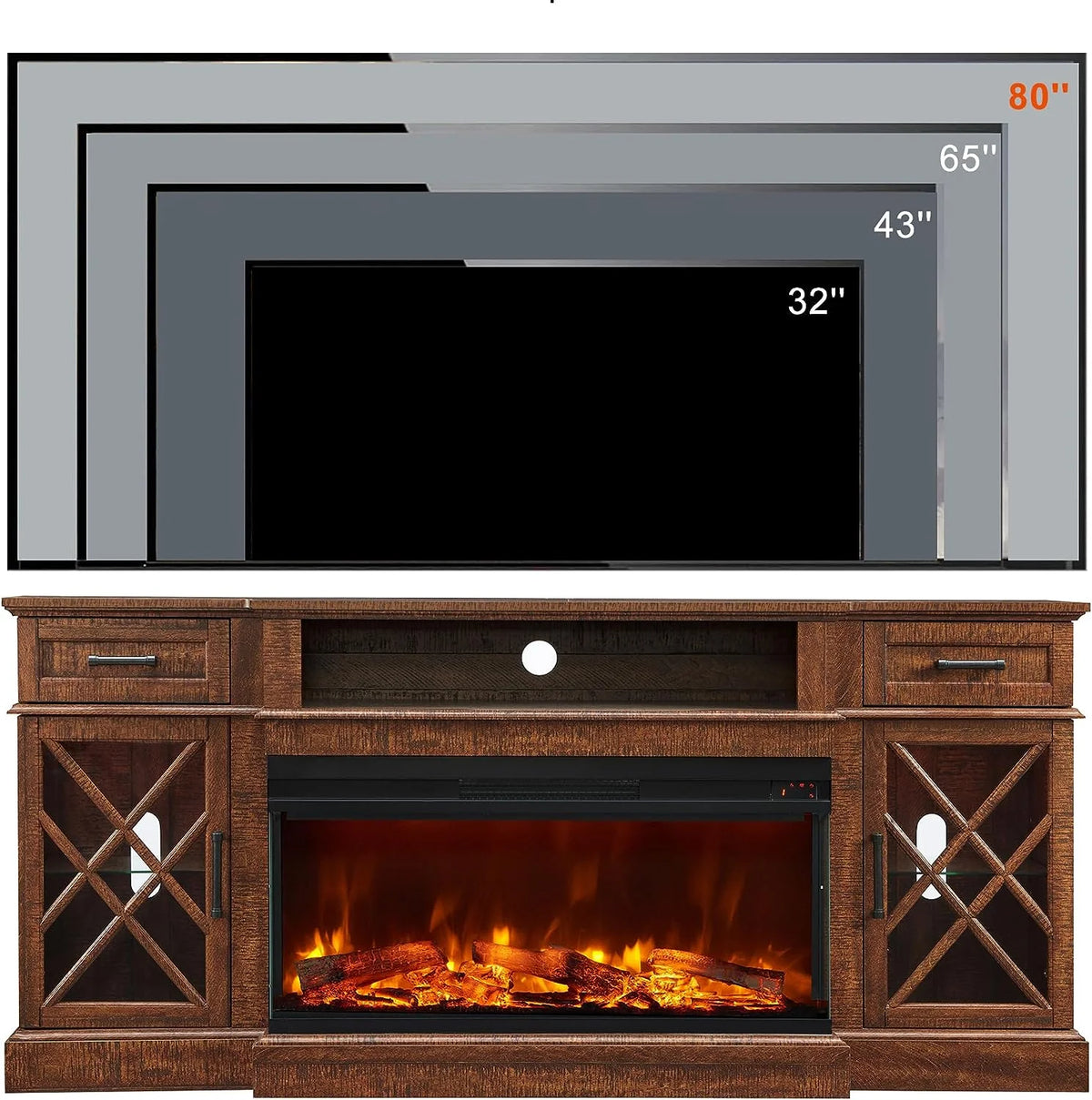 OKD Farmhouse 3-Sided Fireplace TV Stand for 80" TVs, 70" Entertainment Center with Electric Fireplace and Storage Drawers, Antique White