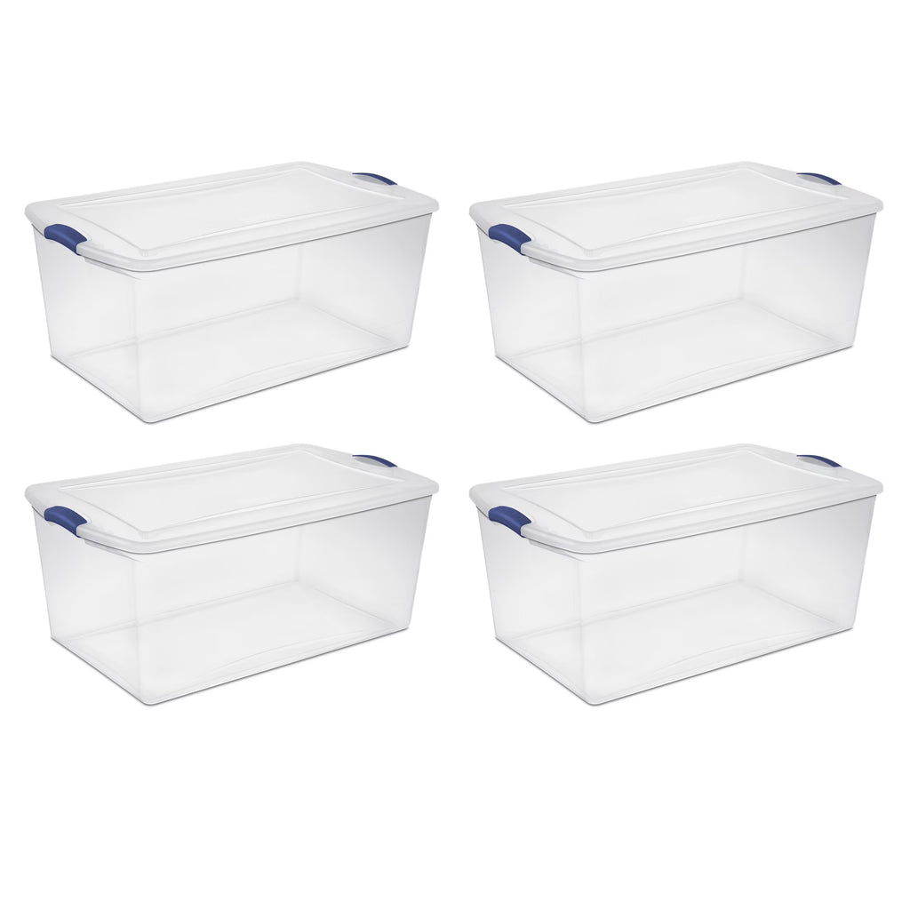 Sterilite 105 Quart Latch Box, Clear Plastic Storage Bin with Clear Lid, Blue, 4 Count
