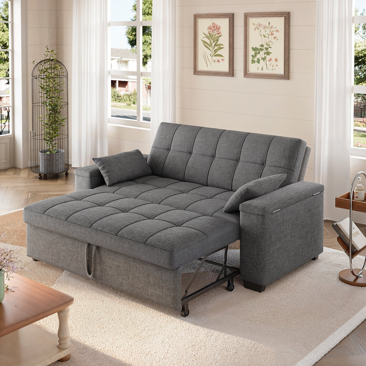 Sofa Bed, Lofka 3-in-1 Convertible Sleeper Sofa with Storage, Adjustable Backrest & Pull Out Function - Sleeper Chair for Small Space, Apartment, Dark Grey