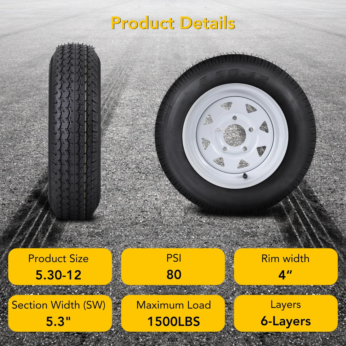 Garvee 2PCS trailer mounted wheels,12 "rims,5.30-12 5.30x12 530-12 5.30,5 lugs 4.5", load range C, 6PR