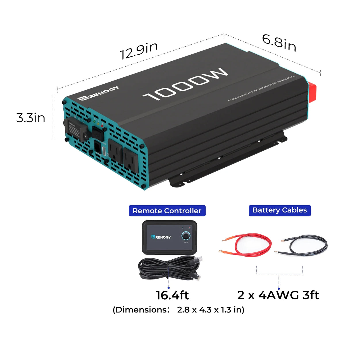 Renogy 2000W Pure Sine Wave Inverter, Power Inverter DC 12V to AC 120V, Built-in 5V/2.1A USB / Hardwire Port, Remote Controller