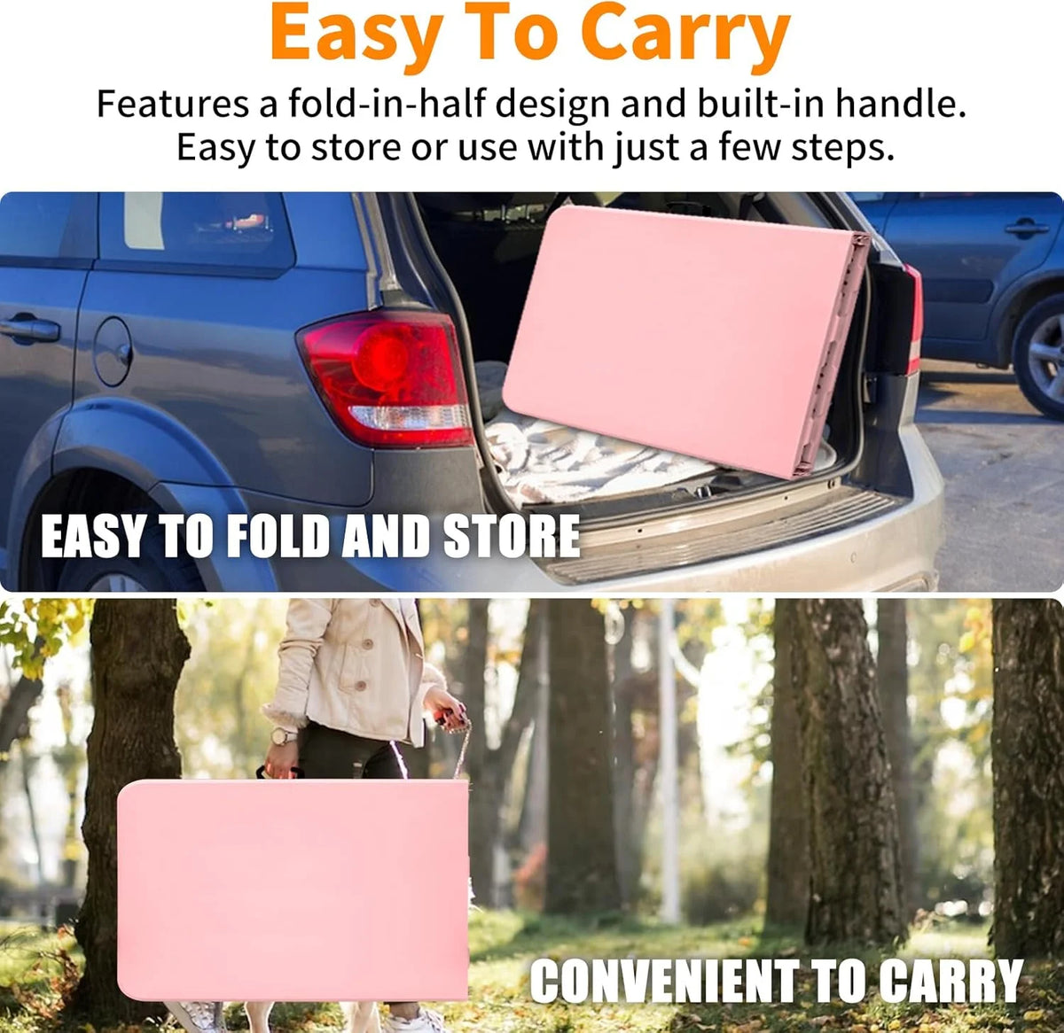 Folding Table with Carry Handle, Portable Fold-in-Half Plastic Table, Rectangle Foldable Table for Indoor