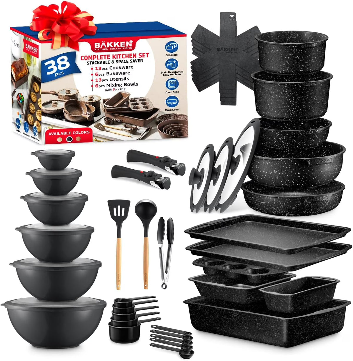 Bakken Master 38 Piece Granite Cookware and Bakeware Set �C Nonstick Granite Coating, Pots and Pans with Detachable Handles and Tempered Glass Lids, 6-piece Bakeware set, 12-piece Mixing Bowls,Brown