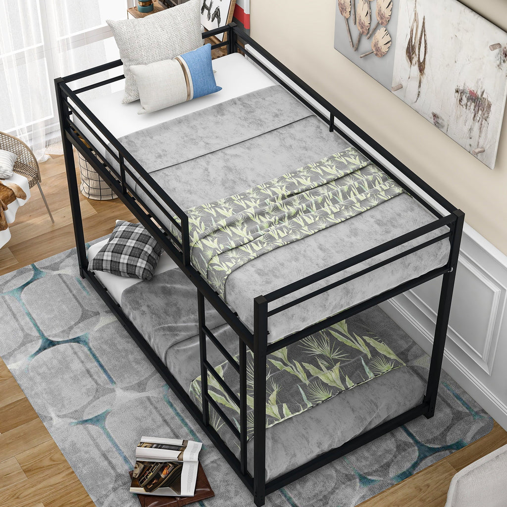 Euroco Twin Metal Low Bunk Bed with Ladder, Black
