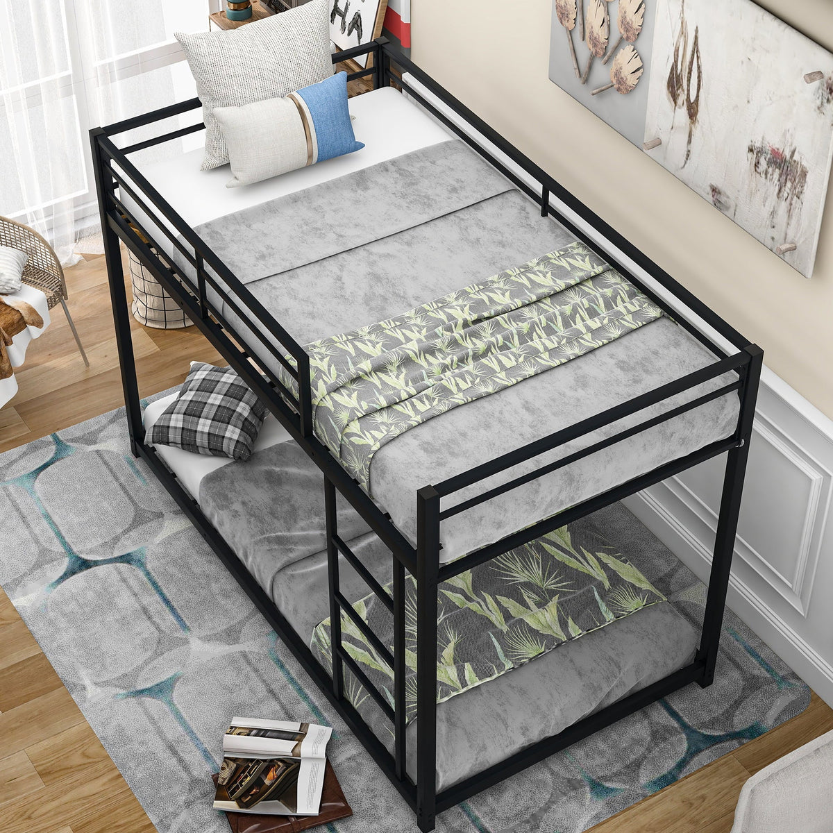 Euroco Twin Metal Low Bunk Bed with Ladder, Black