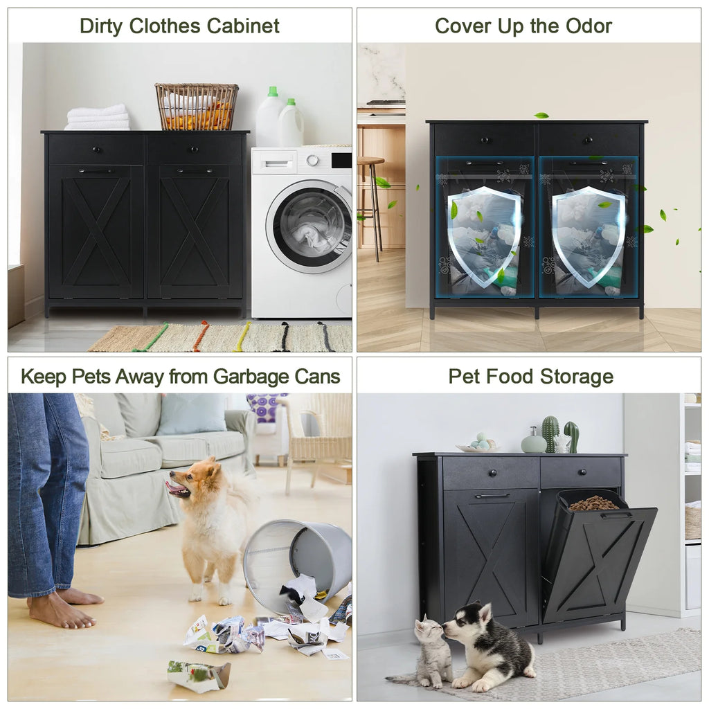 Pirecart 20 Gallon Double Tilt Out Trash Cabinet Wood Hidden Storage Cabinet, Recycling Cabinet with 2 Drawers, Black
