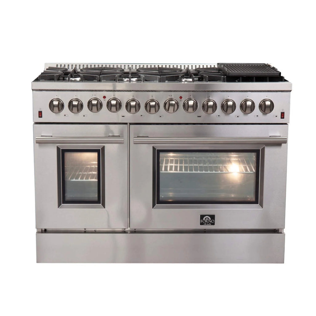 FORNO Premium 3-Piece Kitchen Bundle - FORNO Galiano 48" Freestanding Dual Fuel Range, FORNO Rizzuto 60" W. Dual Combo Convertible Refrigerator, FORNO 48" Wall Mount Range Hood - FBDL-017-02US
